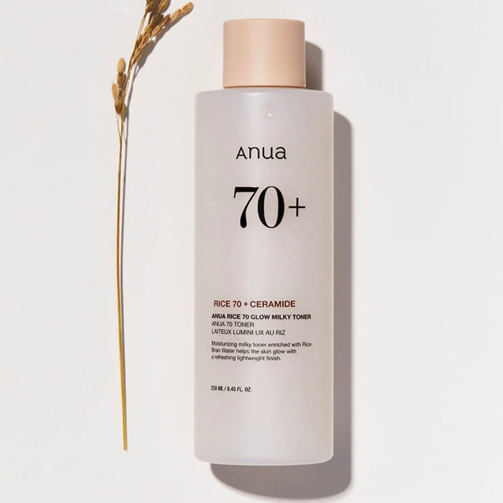 Flacon du tonique illuminateur lacté au riz ANUA Rice 70 Glow Milky Toner 250ml.