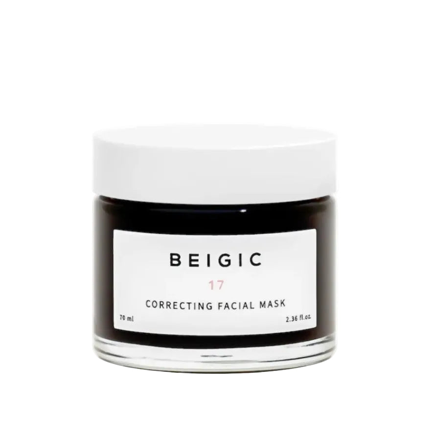 Pot en verre minimaliste et épuré de 70ml du Correcting Facial Mask de BEIGIC, un masque-gommage visage vegan couleur café.