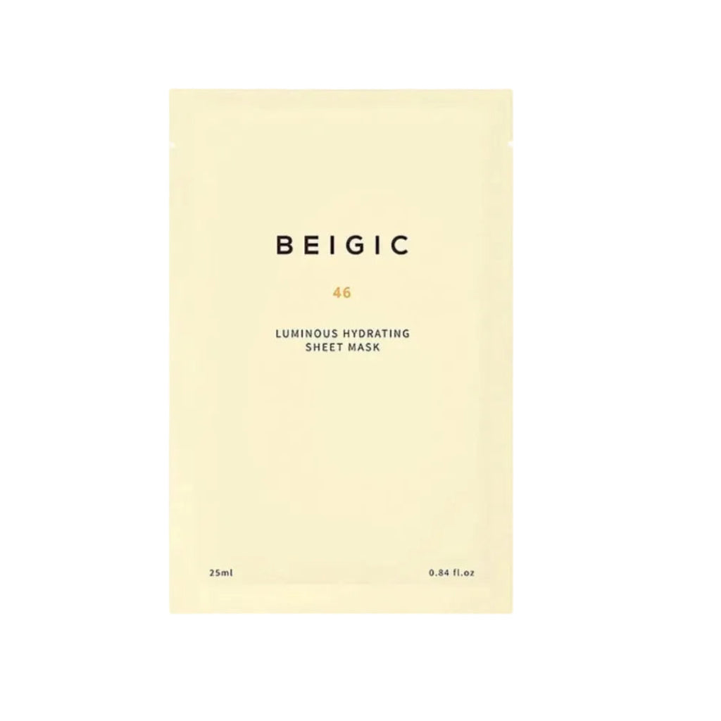 Sachet minimaliste au design épuré du Luminous Hydrating Sheet Mask de BEIGIC, un masque en tissu vegan pour l'éclat du visage.