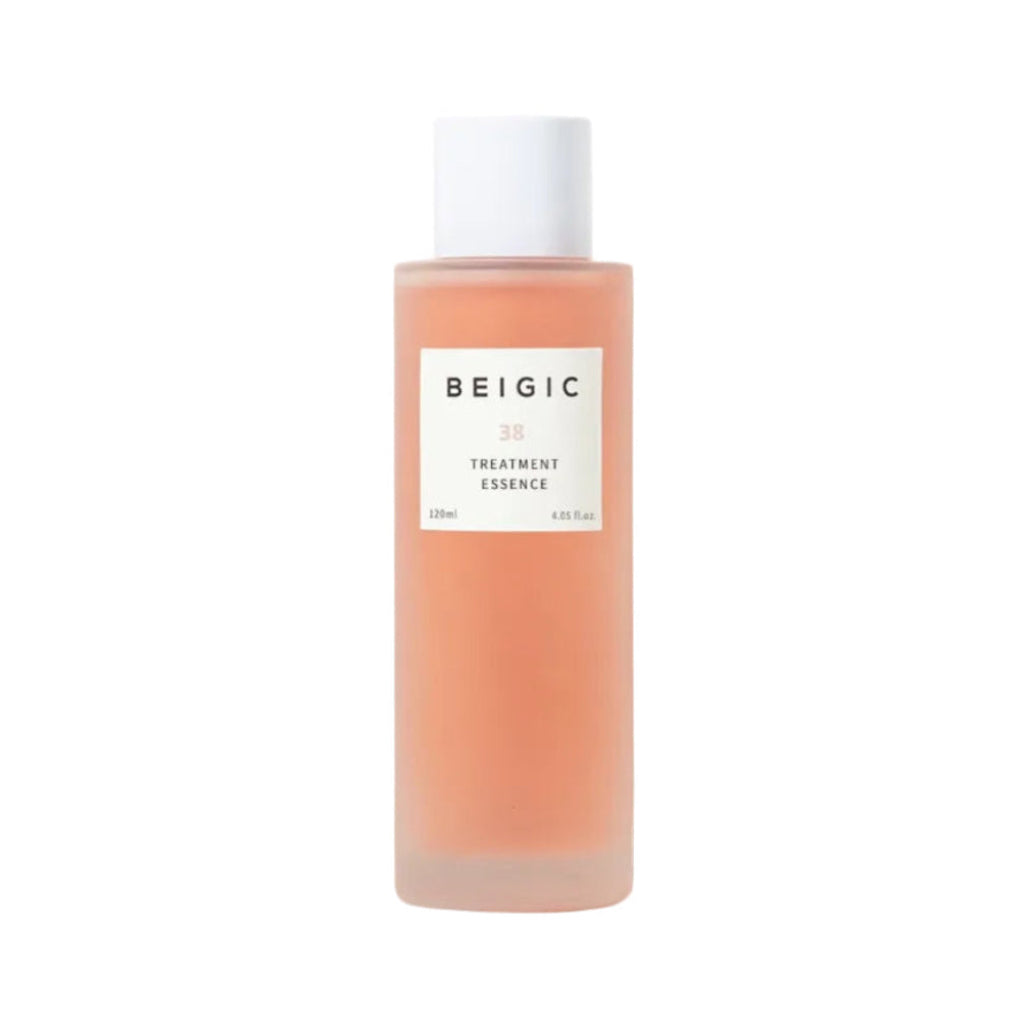 Flacon en verre dépoli et épuré de 120ml de la Treatment Essence de BEIGIC, une essence de soin visage hydratante et éclat vegan.