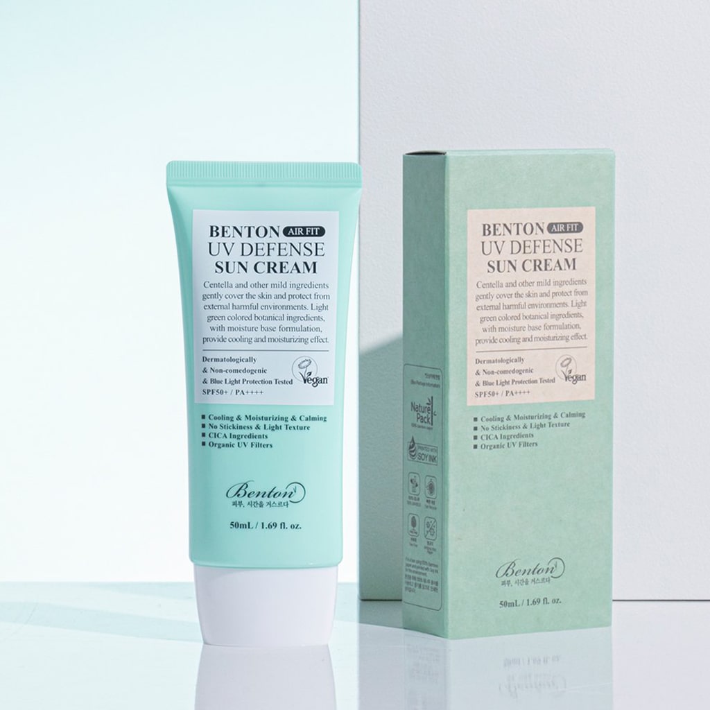 Packaging de Benton - Air Fit UV Defense Sun Cream, crème solaire haute protection, aux qualités hydratante et apaisante et à la texture fine et extremement légère.