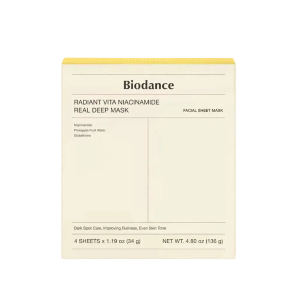 Boîte de 4 masques hydrogel illuminateurs et anti-taches Radiant Vita Niacinamide Real Deep Mask de BIODANCE.