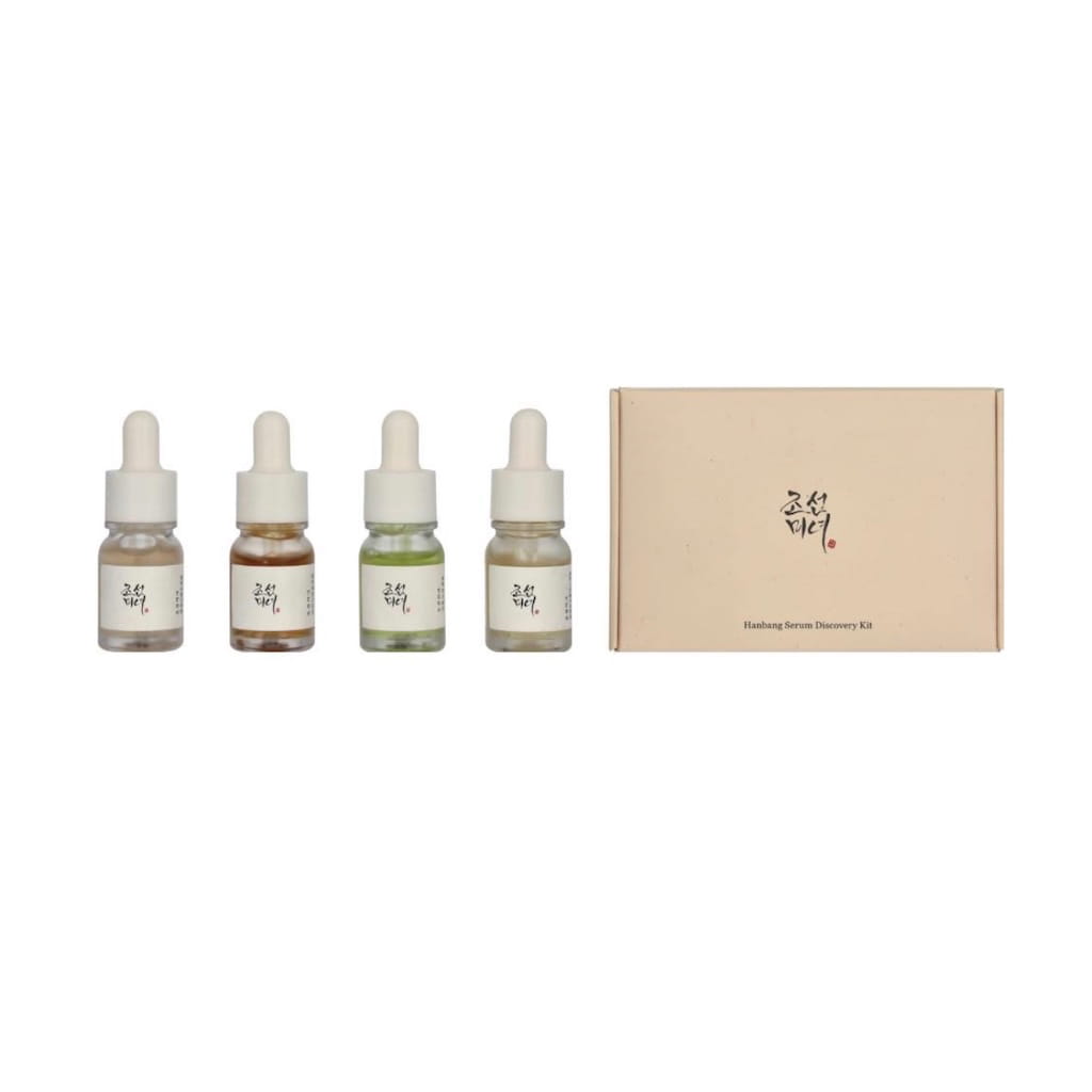 Alignement des 4 sérums miniatures Hanbang Beauty of Joseon : Calming, Glow, Glow Deep et Revive.