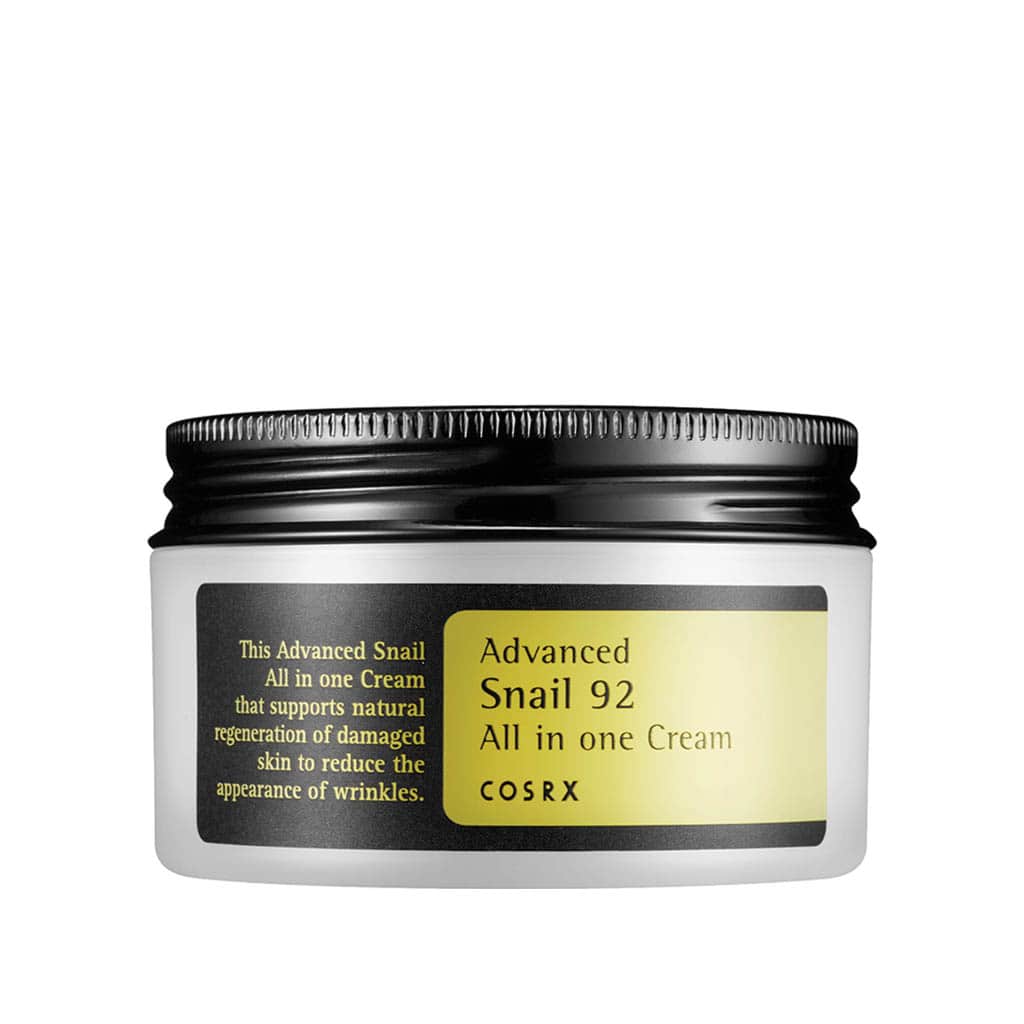 COSRX Advanced Snail 92 All in One Cream – Crème hydratante et régénérante à 92% de mucine d’escargot, idéale pour réparer la peau, atténuer les cicatrices et renforcer la barrière cutanée.