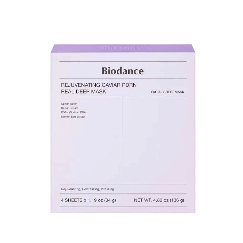 Boîte de 4 masques hydrogel anti-âge BIODANCE Rejuvenating Caviar PDRN Real Deep Mask.