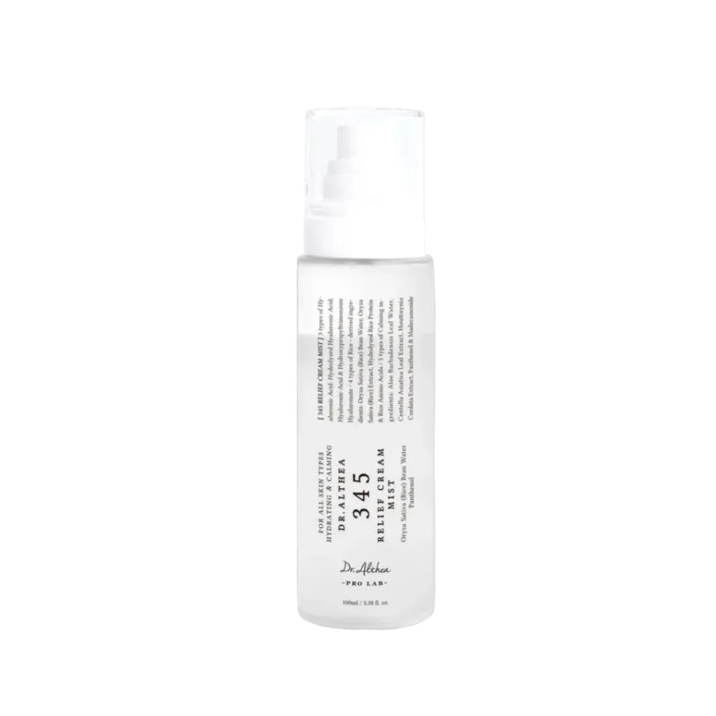 100-ml-Sprühflasche der 345 Relief Cream Mist von Dr. Althea, ein milchiger, feuchtigkeitsspendender und beruhigender Mist für das Gesicht.