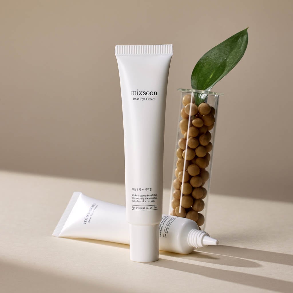 Un tube blanc immaculé de crème pour les yeux MIXSOON Bean avec un texte noir minimal mettant en valeur la formule BIOME5X™ de la marque se tient debout, mettant en valeur des solutions de soins de la peau avancées dans un design élégant sur un fond blanc.