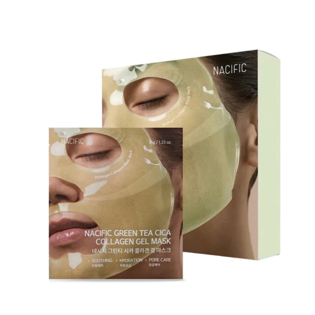 Pack de 4 masques hydrogel visage Green Tea Cica Collagen Gel Mask Set de NACIFIC au thé vert et centella asiatica.