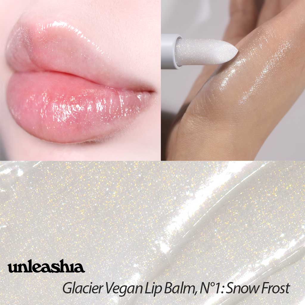 UNLEASHIA Glacier Vegan Lip Balm, Modèle Snow Frost, une base transparente aux perles dorées scintillantes