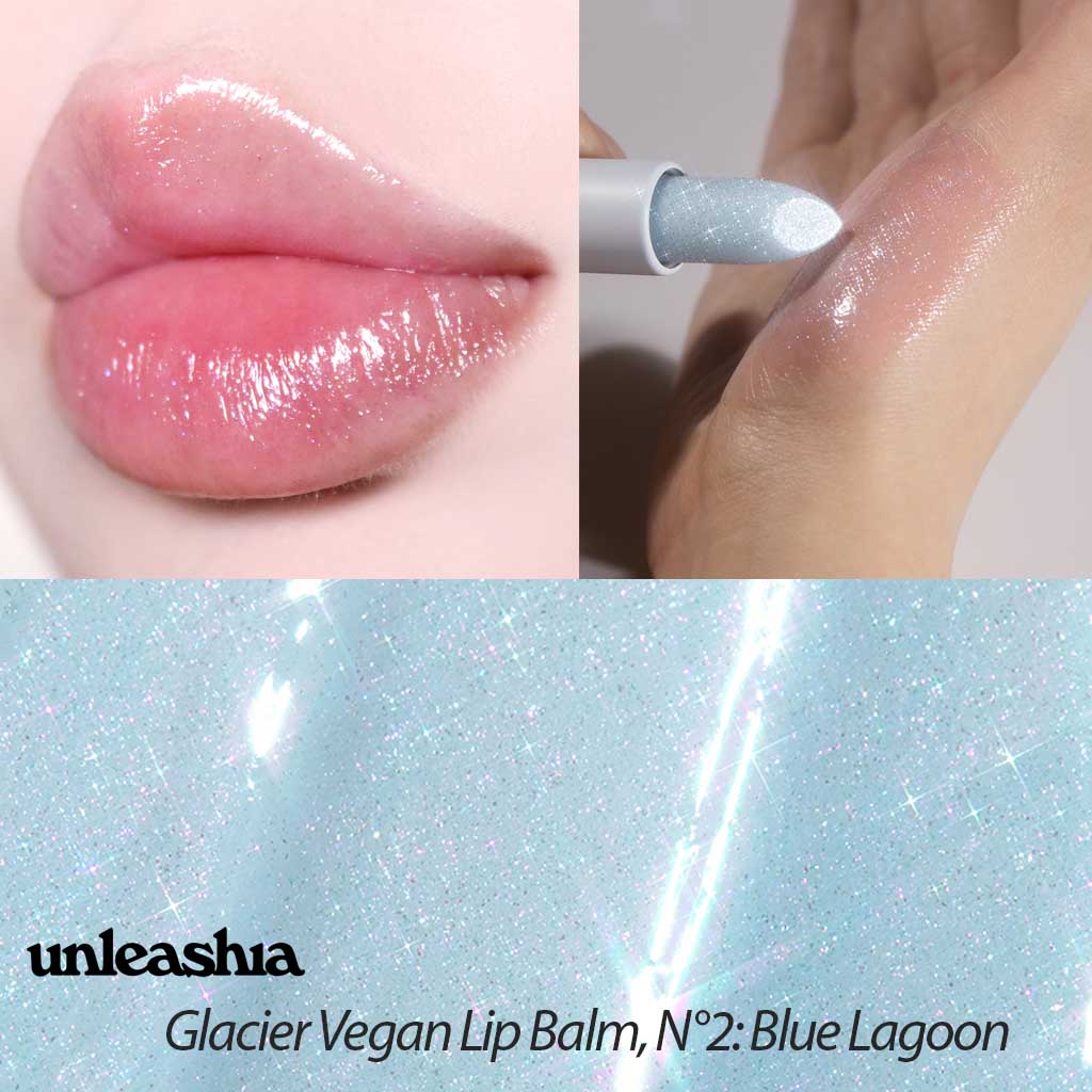 UNLEASHIA Glacier Vegan Lip Balm, modèle Blue Lagoon, de couleur bleue lagon se trnasformant en un rose délicat au contact des lèvres.