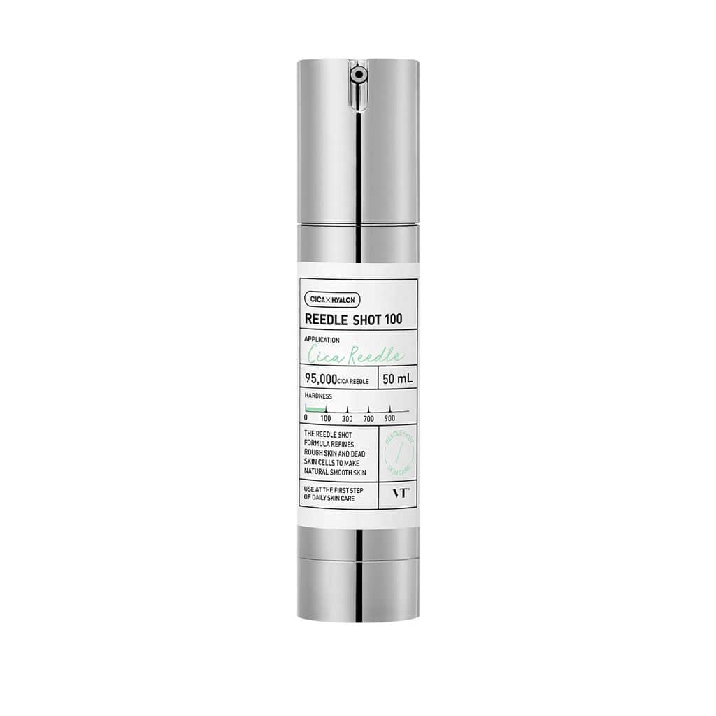 Flacon de VT Cosmetics Reedle Shot 100 – Essence infusée de micro-aiguilles végétales et de Centella Asiatica, stimulant le renouvellement cellulaire pour une peau lisse et éclatante.