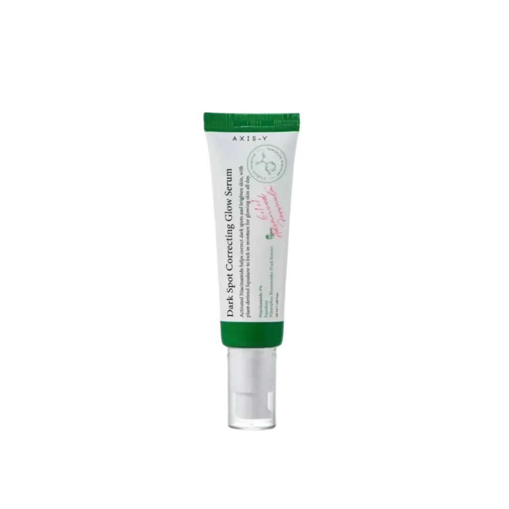 Flacon pompe blanc et vert de 50ml du Dark Spot Correcting Glow Serum d'AXIS-Y, un sérum correcteur à la niacinamide pour l'éclat du teint.