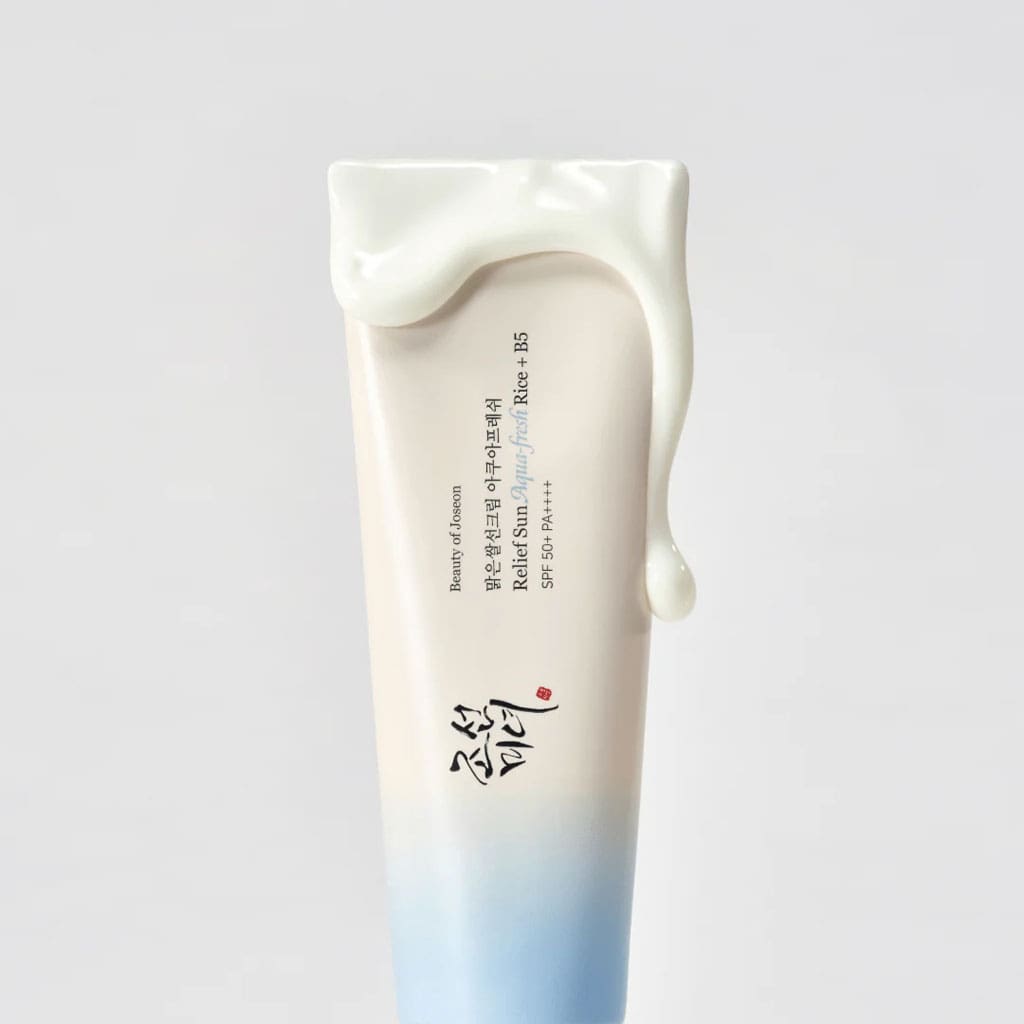 Texture Beauty of Joseon Relief Sun Aqua Fresh Rice + B5 SPF50 – crème solaire coréenne fluide et fraîche, haute protection UVA/UVB, formule nourrissante au riz et panthénol