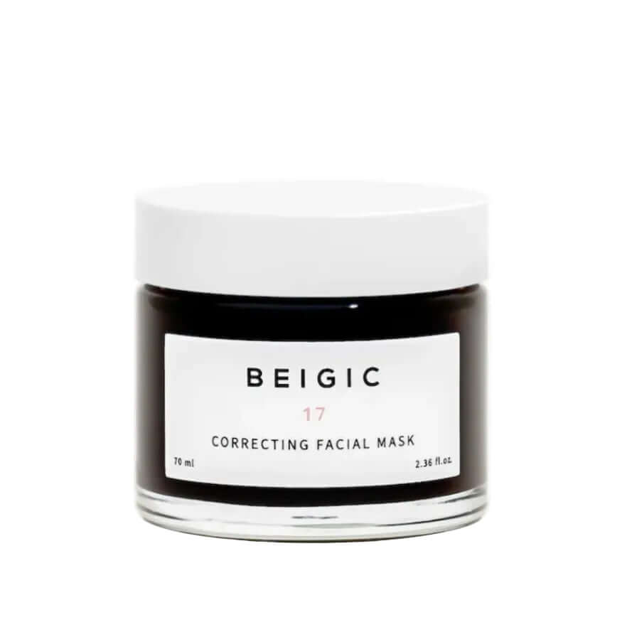 Pot en verre minimaliste et épuré de 70ml du Correcting Facial Mask de BEIGIC, un masque-gommage visage vegan couleur café.