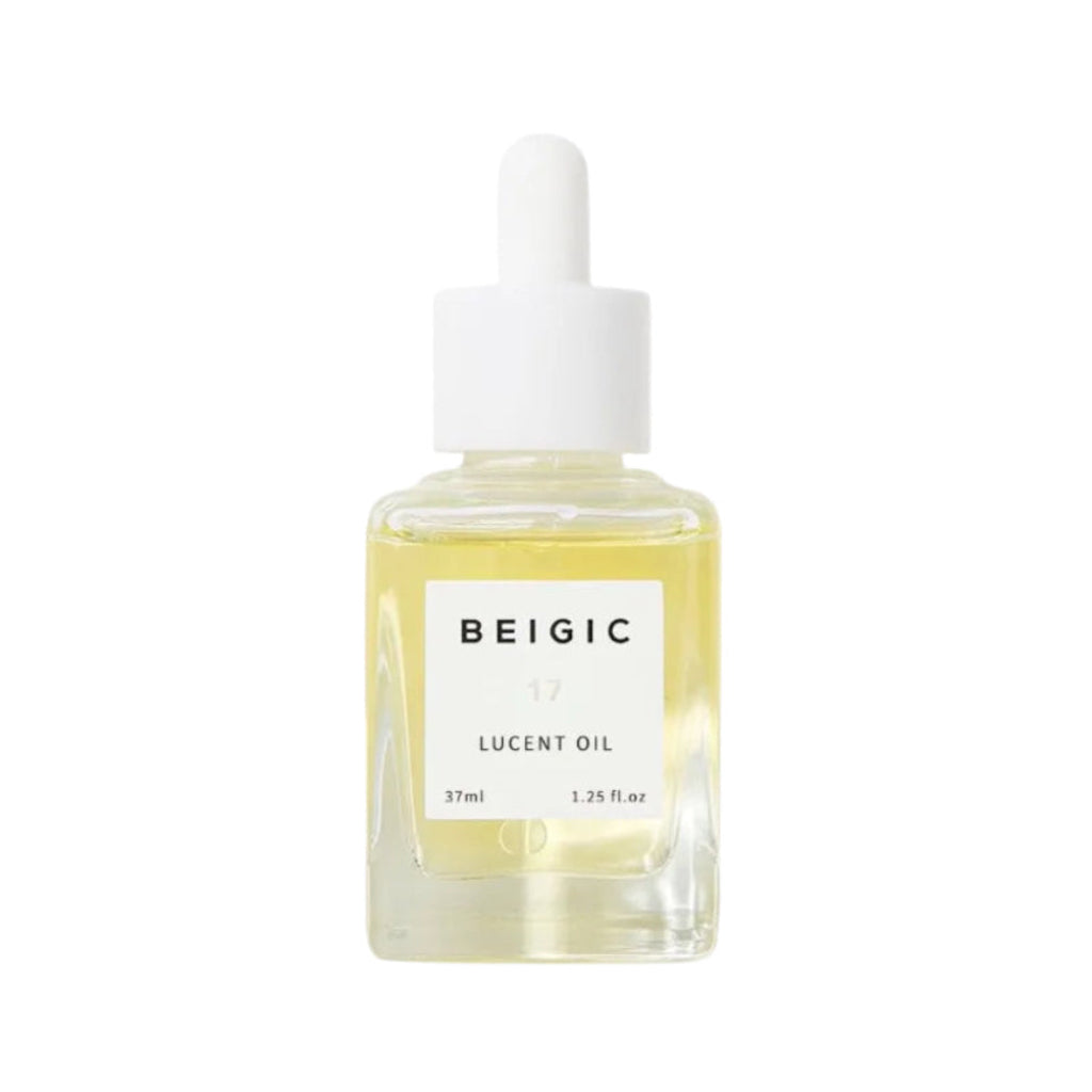 Flacon compte-gouttes en verre élégant et minimaliste de 37ml de la Lucent Oil de BEIGIC, une huile-sérum visage éclat vegan.