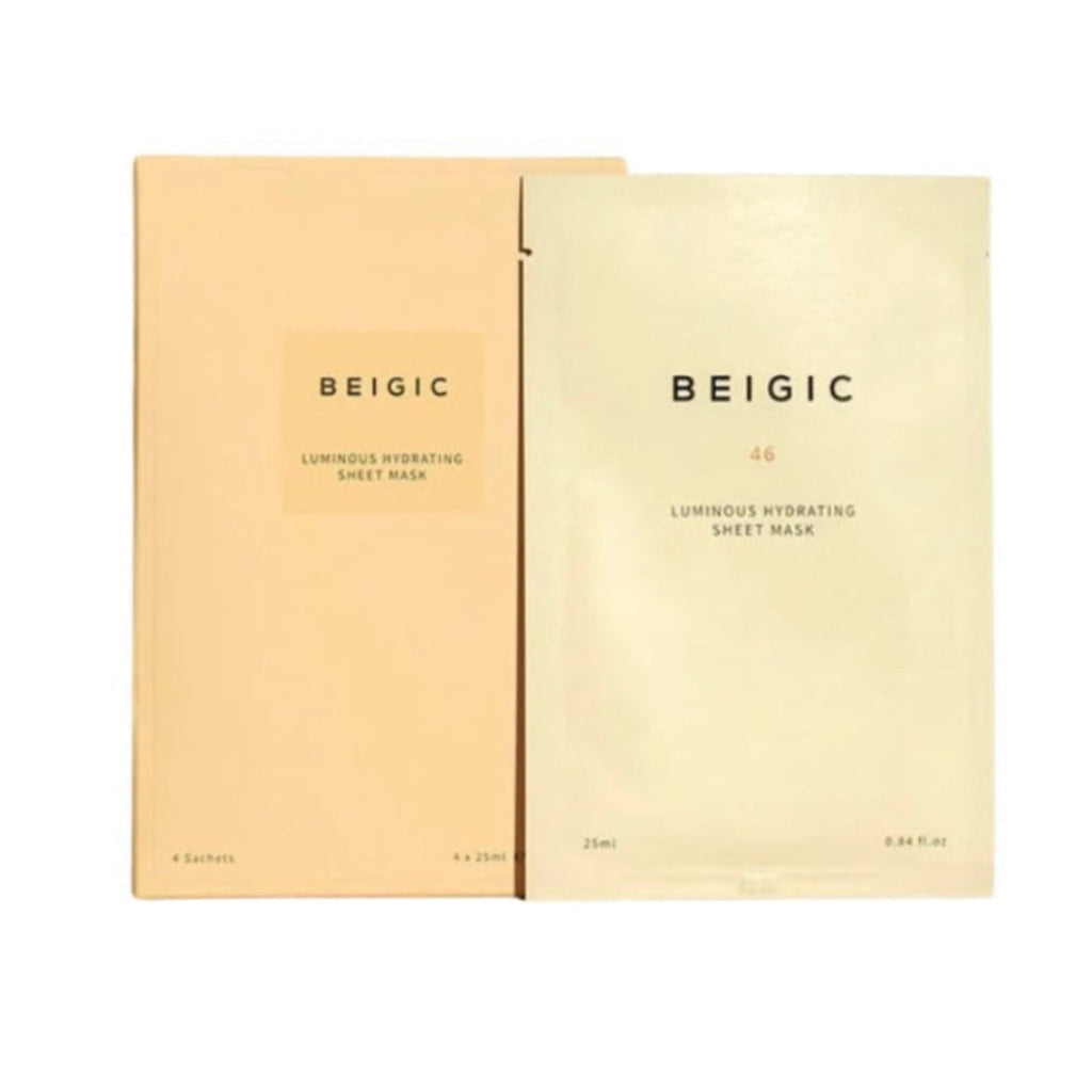 Boîte coffret épurée contenant le lot de 4 masques en tissu Luminous Hydrating Sheet Mask de BEIGIC, soin visage éclat premium.