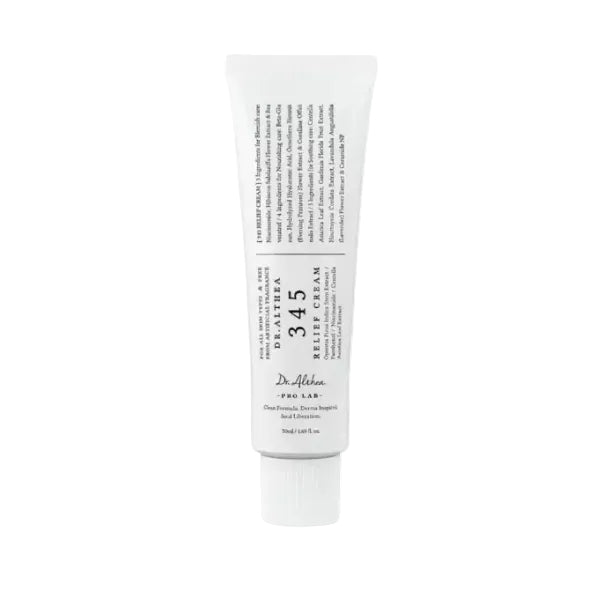 Flacone da 50ml della crema 345 Relief Cream di Dr. Althea, un trattamento riparatore intensivo progettato per eliminare le cicatrici post-acne e lenire le pelli reattive.