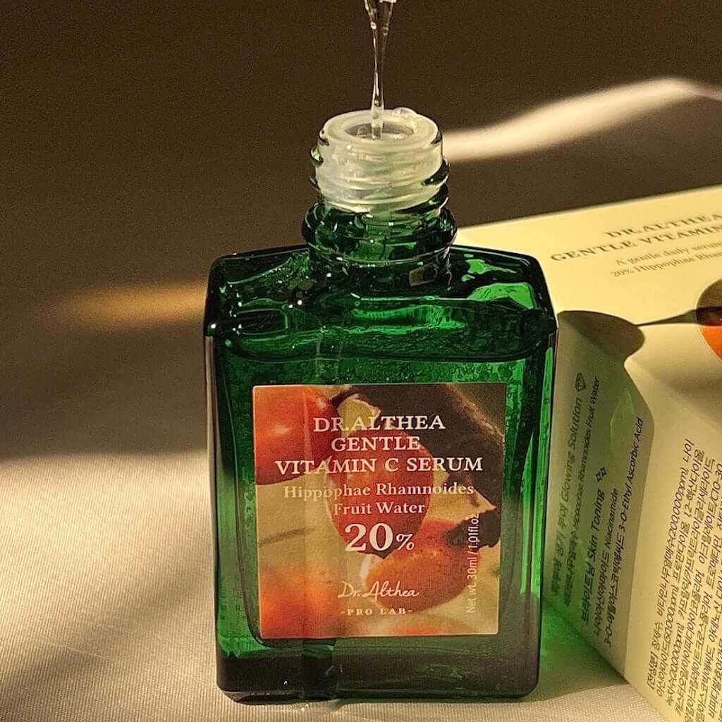 Close-up of the fluid and transparent texture of Dr. Althea's serum. Its lightweight formula absorbs quickly without a sticky finish for instantly fresher skin.