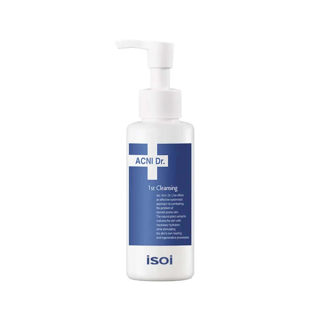 Flacon pompe de 130ml du nettoyant ACNI Dr. 1st Cleansing de la marque ISOI, un soin lavant doux et purifiant conçu spécifiquement pour les peaux sensibles à tendance acnéique.