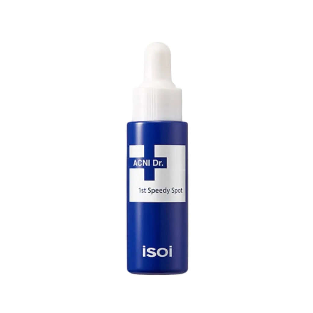 14ml dropper bottle of ISOI ACNI Dr. 1st Speedy Spot, a targeted acne treatment with Damask Rose and Tea Tree to quickly reduce blemishes.