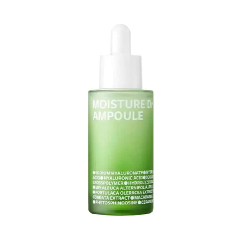 ISOI Moisture Dr. Ampoule repair serum enriched with tea tree ceramides and hyaluronic acid, designed to strengthen the skin barrier and instantly soothe irritation on sensitive skin.