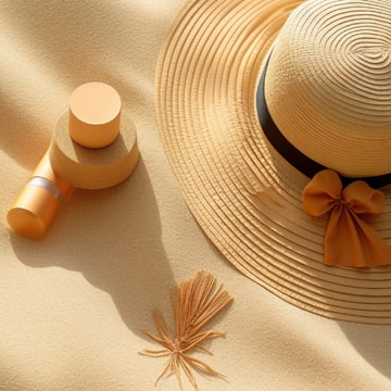 Cosmétiques de protection solaire et Chapeau sur une plage de sable