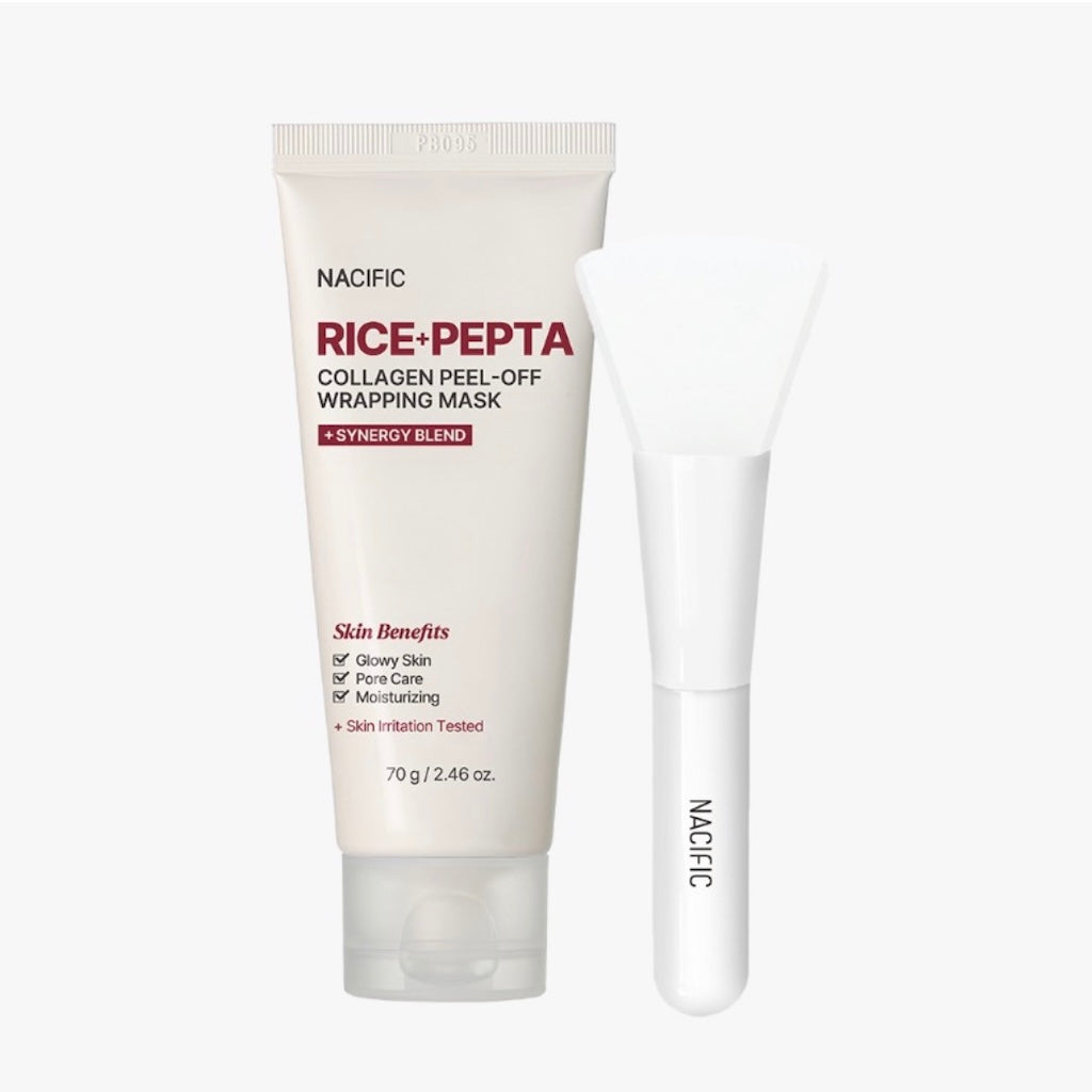 Application de la texture gel fluide et brillante du masque peel-off NACIFIC Rice Pepta sur le visage.