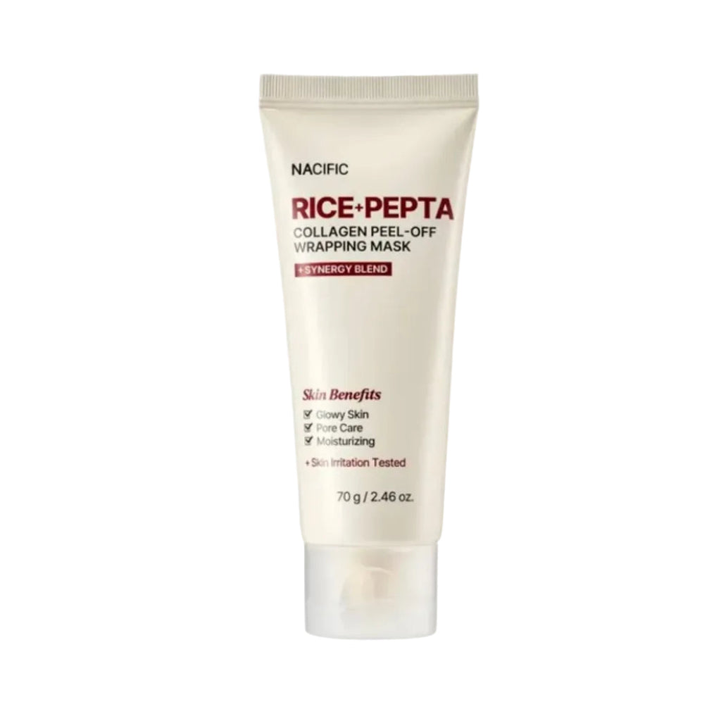 Tube de 70g du Rice Pepta Collagen Peel-off Wrapping Mask de NACIFIC, un masque à décoller visage coréen au riz et collagène.