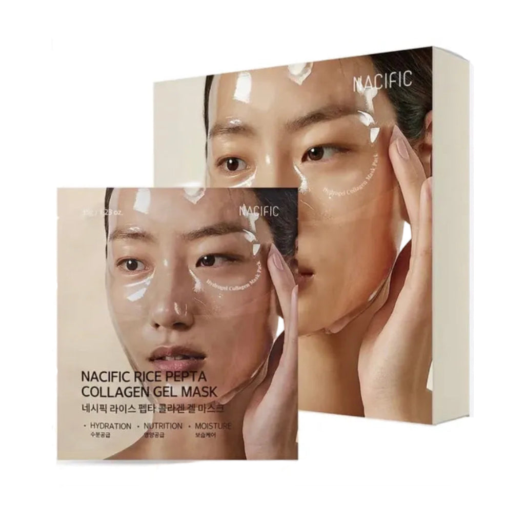 Pack de 4 masques hydrogel Rice Pepta Collagen Gel Mask Set de NACIFIC pour l'éclat de la peau.