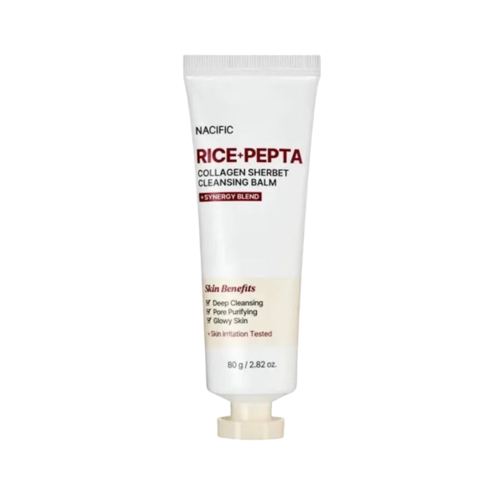 Tube de 80g du Rice Pepta Collagen Sherbet Cleansing Balm de NACIFIC, un baume démaquillant coréen vegan au riz.