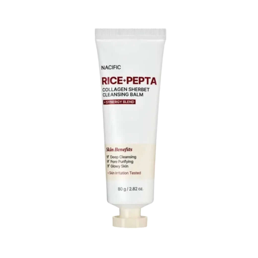 Tubo de 80g do Rice Pepta Collagen Sherbet Cleansing Balm da NACIFIC, um bálsamo desmaquilhante coreano vegan de arroz.