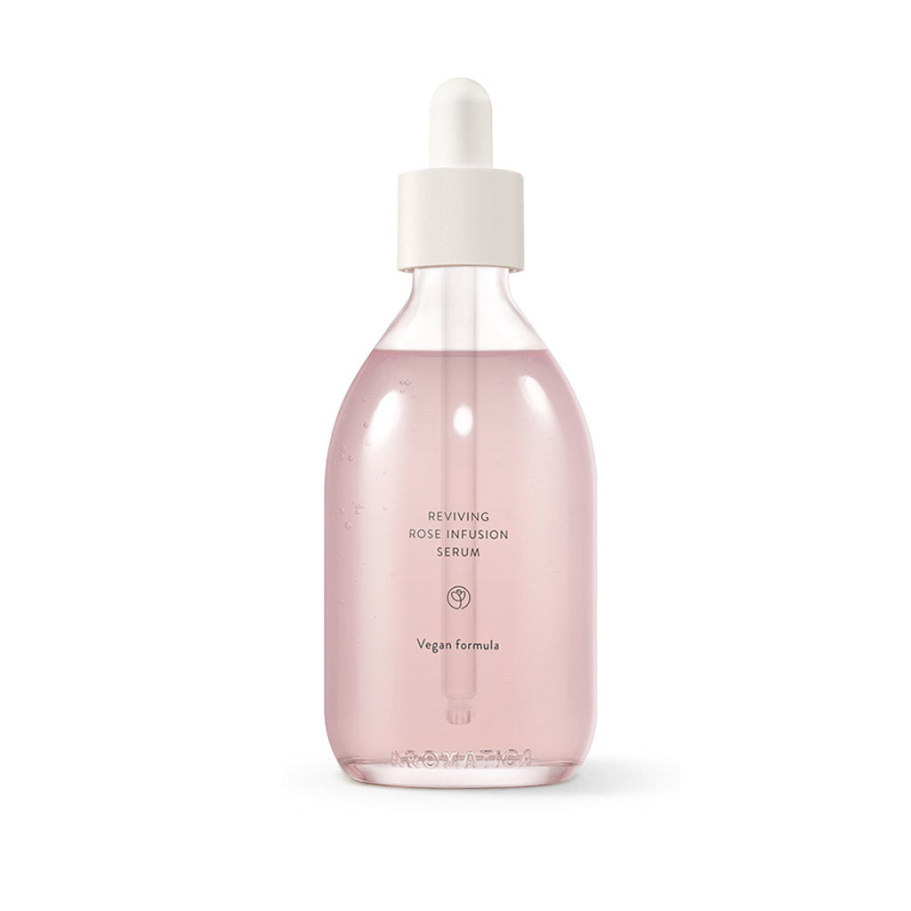 Reviving Rose Infusion Serum de la marque cosmétique coréenne AROMATICA, soin sérum aux eau et huile de Rose de Damas, un concentré d&#39;ingrédients et d&#39;actifs naturels pour une peau hydratée, nourrie et au teint lumineux.