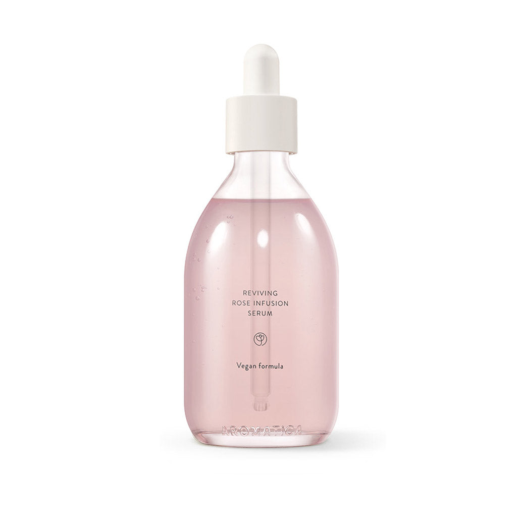 Reviving Rose Infusion Serum de la marque cosmétique coréenne AROMATICA, soin sérum aux eau et huile de Rose de Damas, un concentré d'ingrédients et d'actifs naturels pour une peau hydratée, nourrie et au teint lumineux.