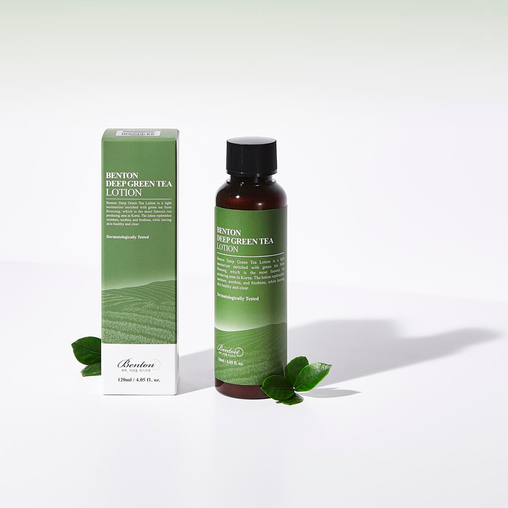 Deep Green Tea Lotion de la marque cosmétique coréenne BENTON, lotion rafraichissante, apaisant et hydratant la peau en profondeur et aidant au maintien de son équilibre huile-eau.