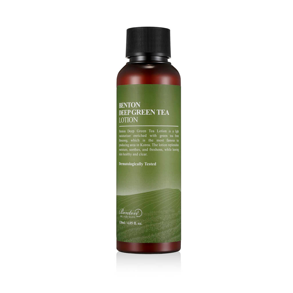 Deep Green Tea Lotion de la marque cosmétique coréenne BENTON, lotion rafraichissante, apaisant et hydratant la peau en profondeur et aidant au maintien de son équilibre huile-eau.