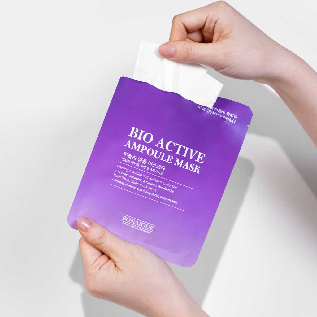 BONAJOUR Bio Active Ampoule Mask, masque visage coréen pour une hydratation profonde et longue durée à la plante de résurrection, acide hyaluronique pour une peau à la fermeté et à l'elasticité retrouvées