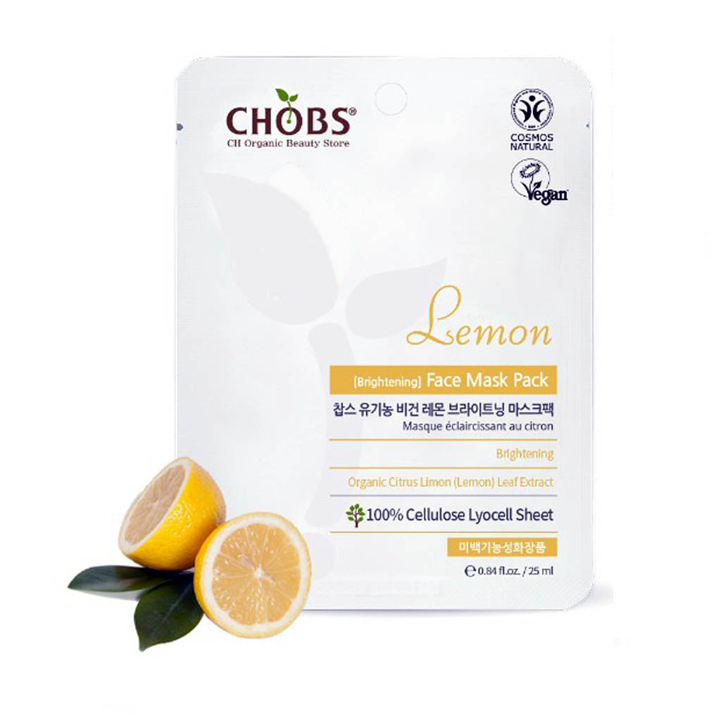 CHOBS Lemon Face Mask pack : masque tissu au Citron, véritable coup de Peps hydratant et rafraîchissant aux ingrédients 100% naturels, certifié Cosmos Natural et Vegan de la marque coréenne Chobs, est idéal pour les peaux mixtes et grasses.