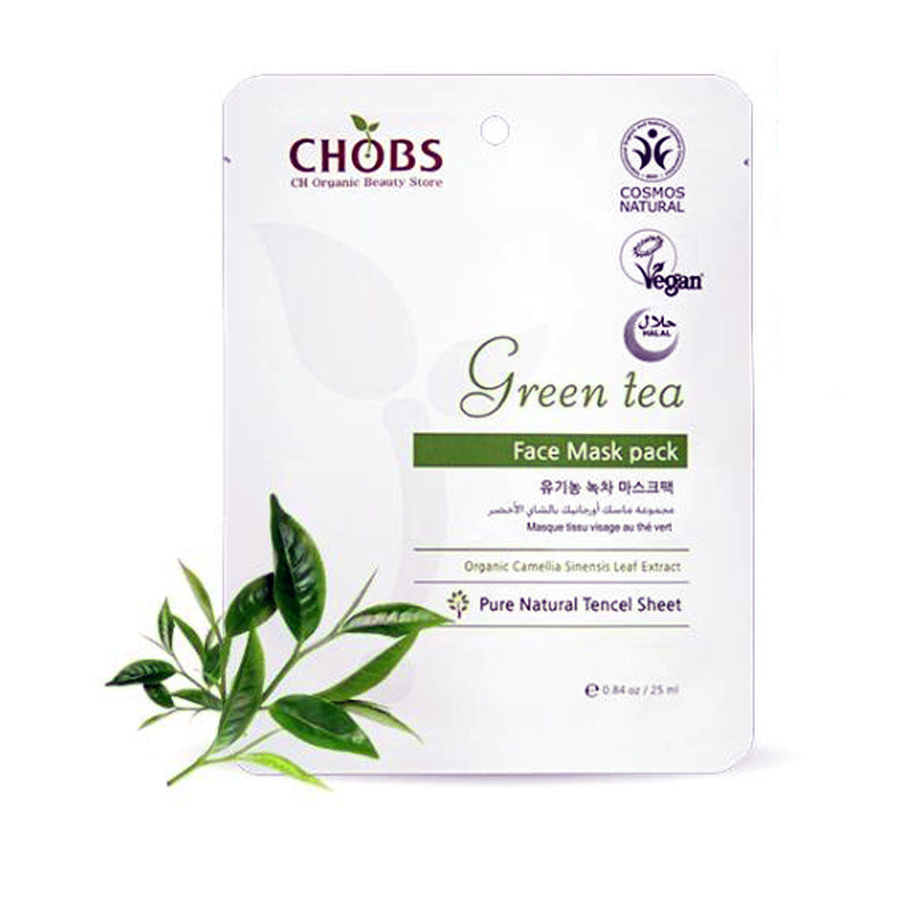 Green Tea Face Mask Pack, masque cosmétique hydratant visage coréen de CHOBS, marque Beauté Coréenne Clean, naturelle, vegan, cruelty-free, éthique et éco-responsable. Masque coréen aux bienfaits du Thé Vert certifié Cosmos Natural, certifié Vegan, certifié Halal, disponible sur l'eshop Cosmétique Coréen MY-KARE.