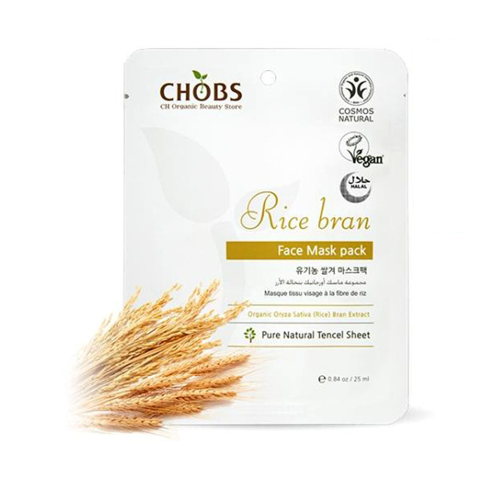 Rize Bran Face Mask Pack, masque cosmétique hydratant visage coréen de CHOBS, marque Beauté Coréenne Clean, naturelle, vegan, cruelty-free, éthique et éco-responsable. Masque coréen au son de riz antioxydant, certifié Cosmos Natural, certifié Vegan, certifié Halal, disponible sur l'eshop Cosmétique Coréen MY-KARE.