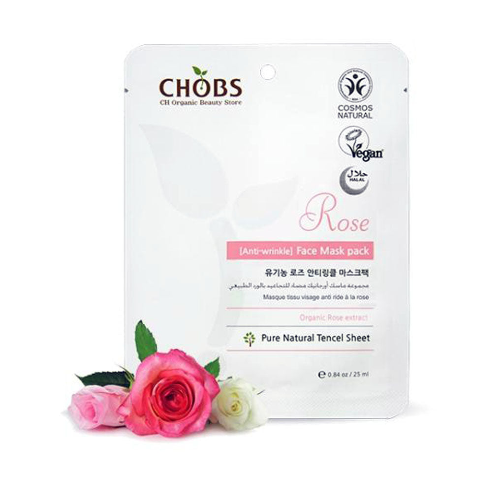 Rose Face Mask Pack, masque cosmétique hydratant visage coréen de CHOBS, marque Beauté Coréenne Clean, naturelle, vegan, cruelty-free, éthique et éco-responsable. Masque coréen aux extraits de Rose anti-âge, certifié Cosmos Natural, certifié Vegan, certifié Halal, disponible sur l'eshop Cosmétique Coréen MY-KARE.