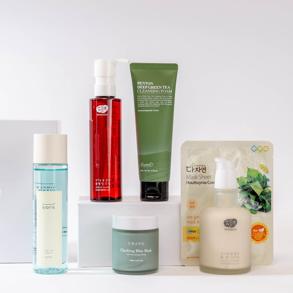 Le Coffret MY-KARE de 6 cosmétiques coréens naturels pour Peau Grasse contenant Whamisa - Organic Flowers Cleansing Oil, Sioris Feel so fresh Toner, Benton - Deep Green Tea Cleansing Foam, All Natural - Mask Sheet Houttuynia Cordata, Urang - Clarifying Blue Mask, Whamisa - Organic Flowers Lotion Original, cosmétique coréen Naturel, vegan, Cruelty Free, Biologique