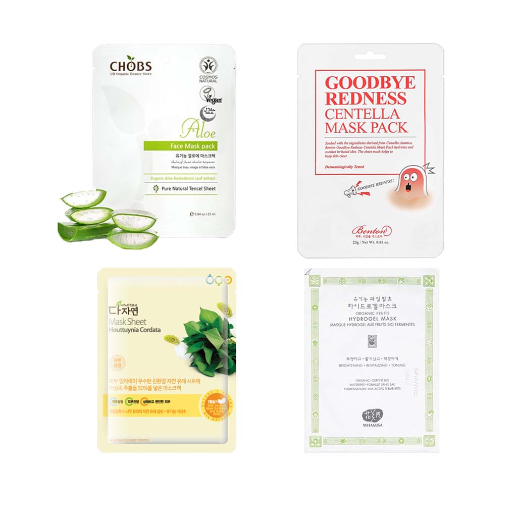 Set de 4 masques visage hydratants, apaisants & anti-imperfection, des plus belles marques de la cosmétique coréenne naturelle : Whamisa, Benton, All Natural, Chobs. Un moment de détente tout en soignant sa peau irritée, acnéique ou à problème.