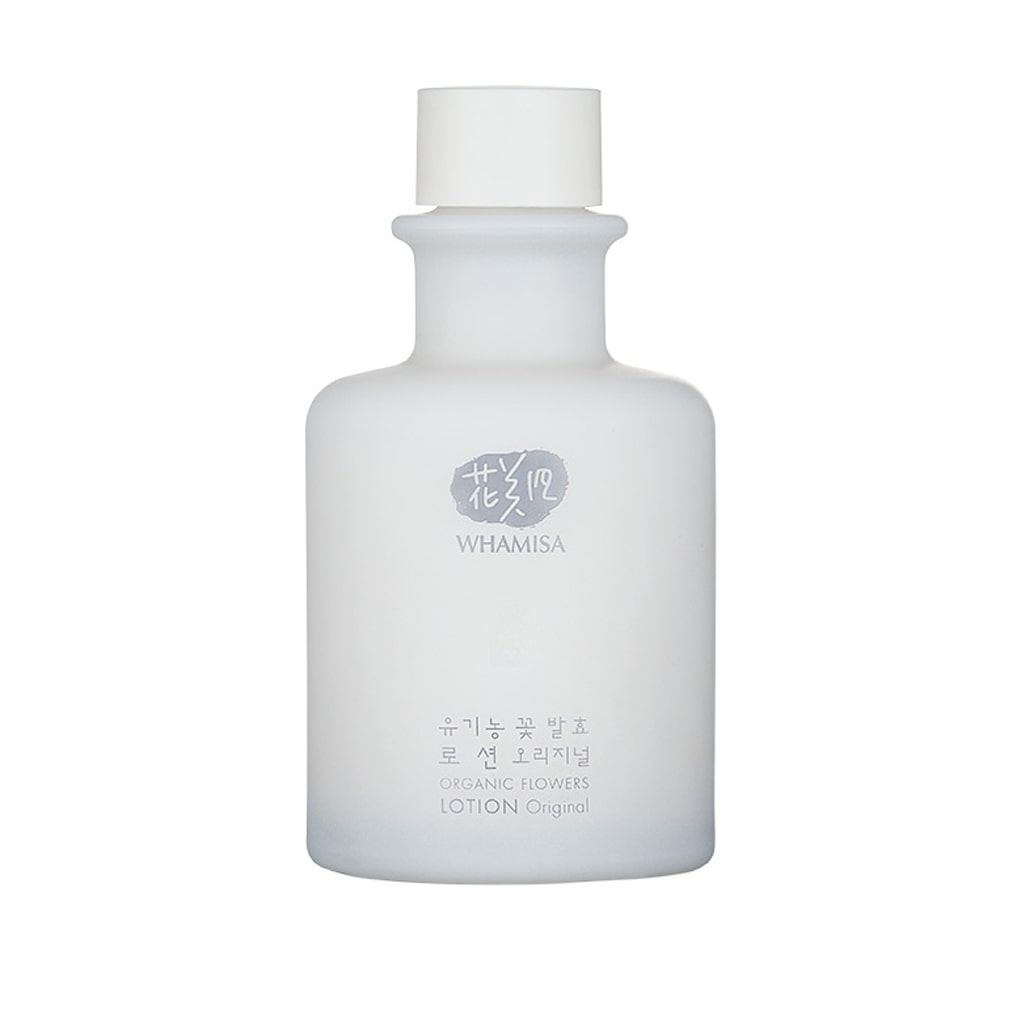 Flacon WHAMISA Organic Flowers Lotion Original, Emulsion Hydratante BIO aux Fleurs, certifiée BIO (label BDIH), Vegan, EWG. Cosmétique K-beauty pour votre routine visage ou rituel layering coréen