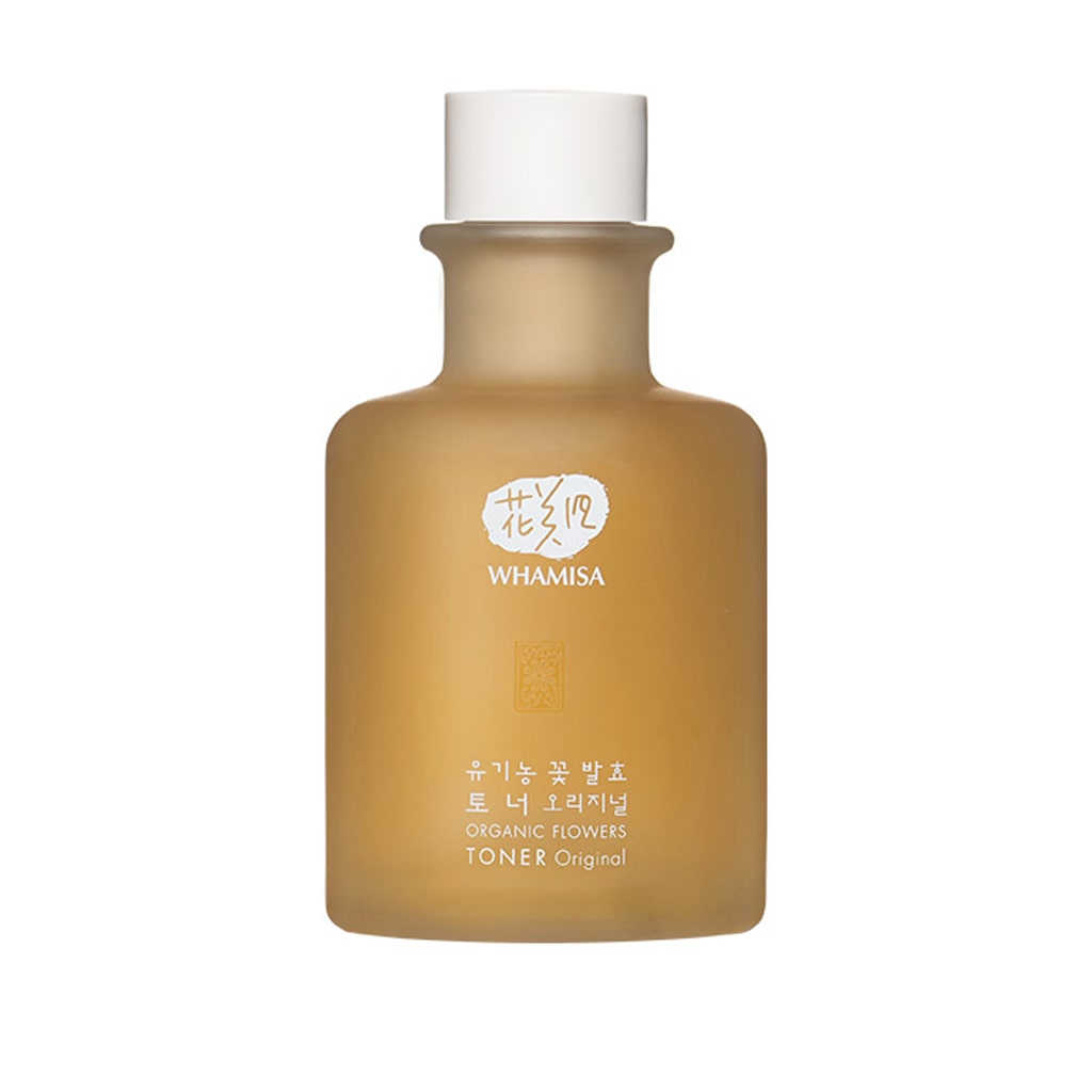 Flacon WHAMISA Organic Flowers Toner Original, lotion tonique visage apaisante et hydratante certifiée BIO(label BDIH), Vegan, EWG. Cosmétique K-beauty pour votre routine visage ou rituel layering coréen